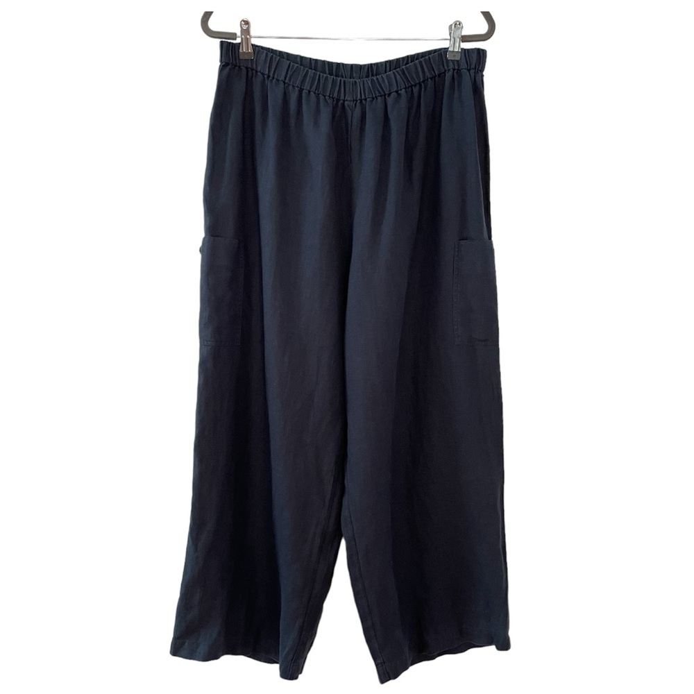 Hot Cotton linen wide leg crop pants with pockets lagenlook relaxed fit navy XL